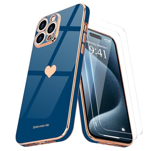 Teageo Kompatibel mit iPhone 15 Pro Max Hülle + 2 Stück Schutzfolie, Mädchen Herz Hülle Galvanisierte Weich TPU Kameraschutz Kratzfest Handyhülle für iPhone 15 Pro Max, Marine Blau Teageo Kompatibel mit iPhone 15 Pro Max Hülle + 2 Stück Schutzfolie, Mädchen Herz Hülle Galvanisierte Weich TPU Kameraschutz Kratzfest Handyhülle für iPhone 15 Pro Max, Marine Blau von Teageo