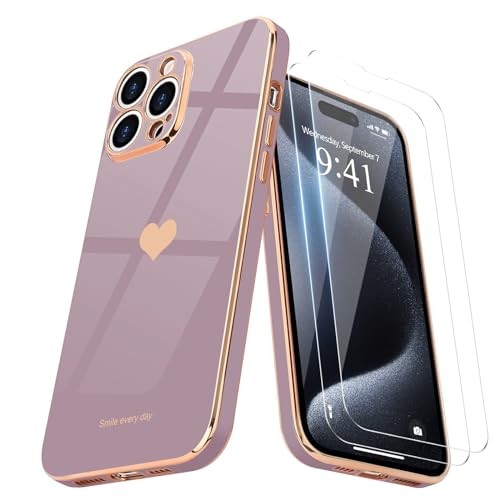 Teageo Kompatibel mit iPhone 15 Pro Max Hülle + 2 Stück Schutzfolie, Mädchen Herz Hülle Galvanisierte Weich TPU Kameraschutz Kratzfest Schutzhülle für iPhone 15 Pro Max, Sakura Lila Teageo Kompatibel mit iPhone 15 Pro Max Hülle + 2 Stück Schutzfolie, Mädchen Herz Hülle Galvanisierte Weich TPU Kameraschutz Kratzfest Schutzhülle für iPhone 15 Pro Max, Sakura Lila von Teageo