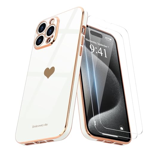 Teageo Kompatibel mit iPhone 15 Pro Max Hülle + 2 Stück Schutzfolie, Mädchen Herz Hülle Galvanisierte Weich TPU Kameraschutz Kratzfest Schutzhülle für iPhone 15 Pro Max, Weiß von Teageo