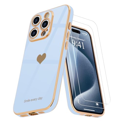 Teageo Kompatibel mit iPhone 15 Pro Max Hülle + 2 Stück Schutzfolie, Mädchen Herz Styling Hülle Galvanisierte Weich TPU Schutzhülle Kameraschutz Kratzfest Case für iPhone 15 Pro Max, Licht Blau Teageo Kompatibel mit iPhone 15 Pro Max Hülle + 2 Stück Schutzfolie, Mädchen Herz Styling Hülle Galvanisierte Weich TPU Schutzhülle Kameraschutz Kratzfest Case für iPhone 15 Pro Max, Licht Blau von Teageo