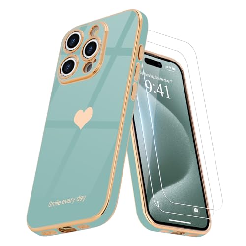 Teageo Kompatibel mit iPhone 15 Pro Max Hülle + 2 Stück Schutzfolie, Mädchen Herz Styling Hülle Galvanisierte Weich TPU Schutzhülle Kameraschutz Kratzfest Case für iPhone 15 Pro Max, Zyan Teageo Kompatibel mit iPhone 15 Pro Max Hülle + 2 Stück Schutzfolie, Mädchen Herz Styling Hülle Galvanisierte Weich TPU Schutzhülle Kameraschutz Kratzfest Case für iPhone 15 Pro Max, Zyan von Teageo
