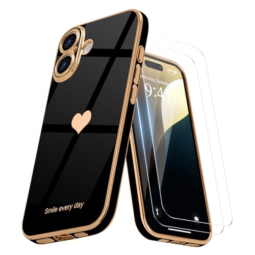 Teageo Kompatibel mit iPhone 16 Hülle + 2 Stück Schutzfolie, Mädchen Herz Styling Hülle Galvanisierte Weich TPU Schutzhülle Kameraschutz Kratzfest Case für iPhone 16, Schwarz Teageo Kompatibel mit iPhone 16 Hülle + 2 Stück Schutzfolie, Mädchen Herz Styling Hülle Galvanisierte Weich TPU Schutzhülle Kameraschutz Kratzfest Case für iPhone 16, Schwarz von Teageo