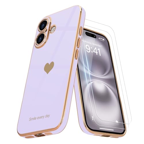 Teageo Kompatibel mit iPhone 16 Hülle + 2 Stück Schutzfolie, Mädchen Herz Styling Hülle Galvanisierte Weich TPU Schutzhülle Kameraschutz Kratzfest Case für iPhone 16, Violett Teageo Kompatibel mit iPhone 16 Hülle + 2 Stück Schutzfolie, Mädchen Herz Styling Hülle Galvanisierte Weich TPU Schutzhülle Kameraschutz Kratzfest Case für iPhone 16, Violett von Teageo