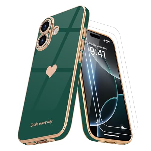 Teageo Kompatibel mit iPhone 16 Plus Hülle + 2 Stück Schutzfolie, Mädchen Herz Styling Hülle Galvanisierte Weich TPU Schutzhülle Kameraschutz Kratzfest Case für iPhone 16 Plus, Dunkelgrün Teageo Kompatibel mit iPhone 16 Plus Hülle + 2 Stück Schutzfolie, Mädchen Herz Styling Hülle Galvanisierte Weich TPU Schutzhülle Kameraschutz Kratzfest Case für iPhone 16 Plus, Dunkelgrün von Teageo