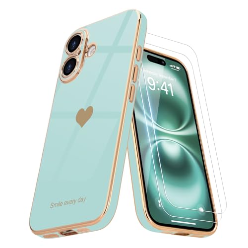 Teageo Kompatibel mit iPhone 16 Plus Hülle + 2 Stück Schutzfolie, Mädchen Herz Styling Hülle Galvanisierte Weich TPU Schutzhülle Kameraschutz Kratzfest Case für iPhone 16 Plus, Juwel Grün Teageo Kompatibel mit iPhone 16 Plus Hülle + 2 Stück Schutzfolie, Mädchen Herz Styling Hülle Galvanisierte Weich TPU Schutzhülle Kameraschutz Kratzfest Case für iPhone 16 Plus, Juwel Grün von Teageo