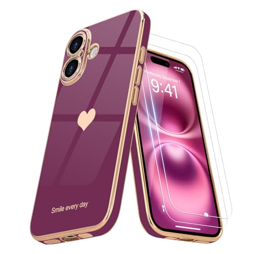 Teageo Kompatibel mit iPhone 16 Plus Hülle + 2 Stück Schutzfolie, Mädchen Herz Styling Hülle Galvanisierte Weich TPU Schutzhülle Kameraschutz Kratzfest Case für iPhone 16 Plus, Kirschrote Teageo Kompatibel mit iPhone 16 Plus Hülle + 2 Stück Schutzfolie, Mädchen Herz Styling Hülle Galvanisierte Weich TPU Schutzhülle Kameraschutz Kratzfest Case für iPhone 16 Plus, Kirschrote von Teageo