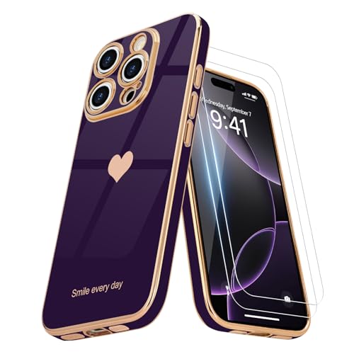 Teageo Kompatibel mit iPhone 16 Pro Hülle + 2 Stück Schutzfolie, Mädchen Herz Styling Hülle Galvanisierte Weich TPU Schutzhülle Kameraschutz Kratzfest Case für iPhone 16 Pro, Dunkles Lila Teageo Kompatibel mit iPhone 16 Pro Hülle + 2 Stück Schutzfolie, Mädchen Herz Styling Hülle Galvanisierte Weich TPU Schutzhülle Kameraschutz Kratzfest Case für iPhone 16 Pro, Dunkles Lila von Teageo