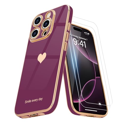 Teageo Kompatibel mit iPhone 16 Pro Hülle + 2 Stück Schutzfolie, Mädchen Herz Styling Hülle Galvanisierte Weich TPU Schutzhülle Kameraschutz Kratzfest Case für iPhone 16 Pro, Kirschrote Teageo Kompatibel mit iPhone 16 Pro Hülle + 2 Stück Schutzfolie, Mädchen Herz Styling Hülle Galvanisierte Weich TPU Schutzhülle Kameraschutz Kratzfest Case für iPhone 16 Pro, Kirschrote von Teageo