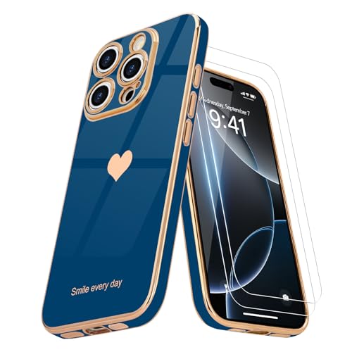 Teageo Kompatibel mit iPhone 16 Pro Hülle + 2 Stück Schutzfolie, Mädchen Herz Styling Hülle Galvanisierte Weich TPU Schutzhülle Kameraschutz Kratzfest Case für iPhone 16 Pro, Marine Blau Teageo Kompatibel mit iPhone 16 Pro Hülle + 2 Stück Schutzfolie, Mädchen Herz Styling Hülle Galvanisierte Weich TPU Schutzhülle Kameraschutz Kratzfest Case für iPhone 16 Pro, Marine Blau von Teageo