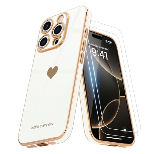 Teageo Kompatibel mit iPhone 16 Pro Hülle + 2 Stück Schutzfolie, Mädchen Herz Styling Hülle Galvanisierte Weich TPU Schutzhülle Kameraschutz Kratzfest Case für iPhone 16 Pro, Weiß Teageo Kompatibel mit iPhone 16 Pro Hülle + 2 Stück Schutzfolie, Mädchen Herz Styling Hülle Galvanisierte Weich TPU Schutzhülle Kameraschutz Kratzfest Case für iPhone 16 Pro, Weiß von Teageo