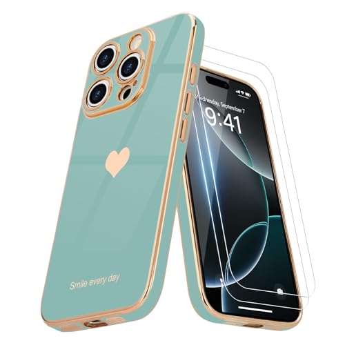 Teageo Kompatibel mit iPhone 16 Pro Hülle + 2 Stück Schutzfolie, Mädchen Herz Styling Hülle Galvanisierte Weich TPU Schutzhülle Kameraschutz Kratzfest Case für iPhone 16 Pro, Zyan Teageo Kompatibel mit iPhone 16 Pro Hülle + 2 Stück Schutzfolie, Mädchen Herz Styling Hülle Galvanisierte Weich TPU Schutzhülle Kameraschutz Kratzfest Case für iPhone 16 Pro, Zyan von Teageo