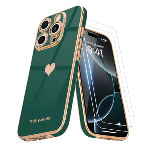 Teageo Kompatibel mit iPhone 16 Pro Max Hülle + 2 Stück Schutzfolie, Mädchen Herz Styling Hülle Galvanisierte Weich TPU Schutzhülle Kameraschutz Kratzfest Case für iPhone 16 Pro Max, Dunkelgrün Teageo Kompatibel mit iPhone 16 Pro Max Hülle + 2 Stück Schutzfolie, Mädchen Herz Styling Hülle Galvanisierte Weich TPU Schutzhülle Kameraschutz Kratzfest Case für iPhone 16 Pro Max, Dunkelgrün von Teageo