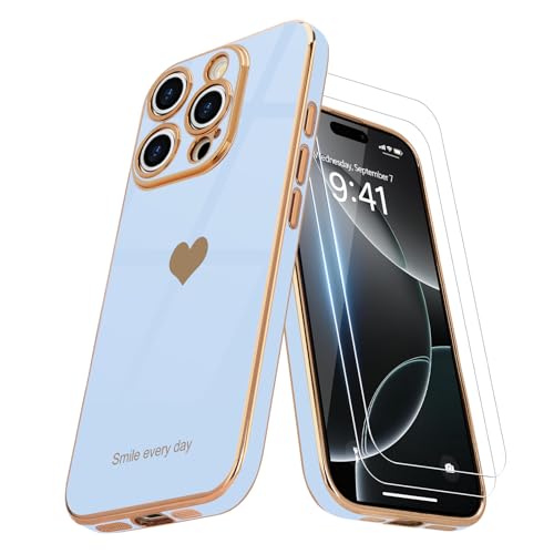 Teageo Kompatibel mit iPhone 16 Pro Max Hülle + 2 Stück Schutzfolie, Mädchen Herz Styling Hülle Galvanisierte Weich TPU Schutzhülle Kameraschutz Kratzfest Case für iPhone 16 Pro Max, Licht Blau Teageo Kompatibel mit iPhone 16 Pro Max Hülle + 2 Stück Schutzfolie, Mädchen Herz Styling Hülle Galvanisierte Weich TPU Schutzhülle Kameraschutz Kratzfest Case für iPhone 16 Pro Max, Licht Blau von Teageo