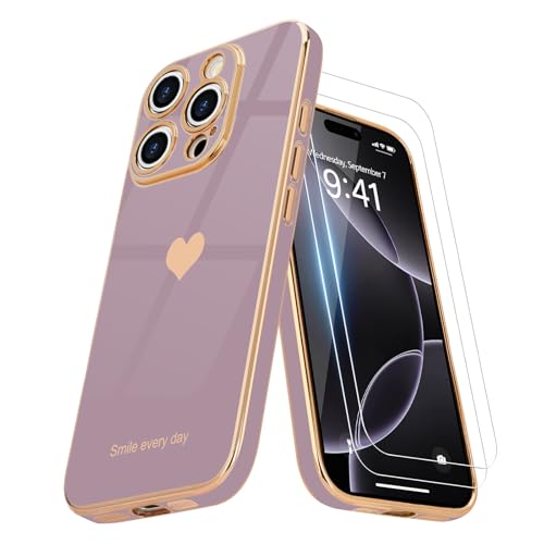 Teageo Kompatibel mit iPhone 16 Pro Max Hülle + 2 Stück Schutzfolie, Mädchen Herz Styling Hülle Galvanisierte Weich TPU Schutzhülle Kameraschutz Kratzfest Case für iPhone 16 Pro Max, Sakura Lila Teageo Kompatibel mit iPhone 16 Pro Max Hülle + 2 Stück Schutzfolie, Mädchen Herz Styling Hülle Galvanisierte Weich TPU Schutzhülle Kameraschutz Kratzfest Case für iPhone 16 Pro Max, Sakura Lila von Teageo