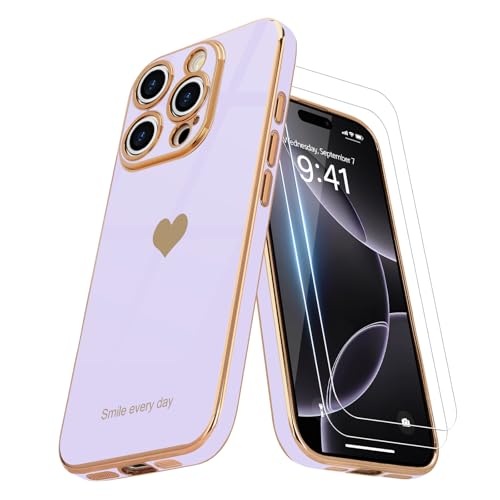 Teageo Kompatibel mit iPhone 16 Pro Max Hülle + 2 Stück Schutzfolie, Mädchen Herz Styling Hülle Galvanisierte Weich TPU Schutzhülle Kameraschutz Kratzfest Case für iPhone 16 Pro Max, Violett Teageo Kompatibel mit iPhone 16 Pro Max Hülle + 2 Stück Schutzfolie, Mädchen Herz Styling Hülle Galvanisierte Weich TPU Schutzhülle Kameraschutz Kratzfest Case für iPhone 16 Pro Max, Violett von Teageo