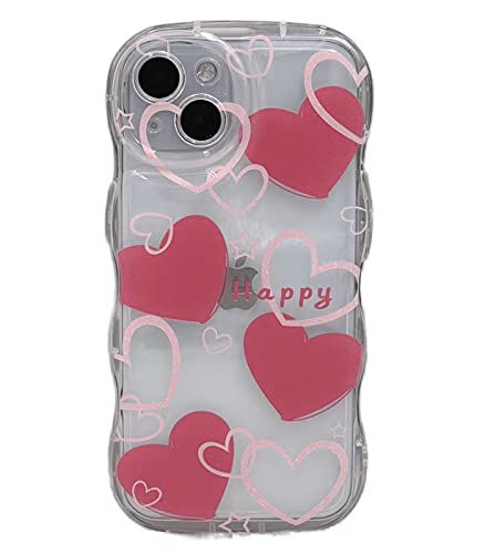 Teayoha Süße klare Liebe Herz Hülle Wellenförmige Kante Weiche TPU Stoßfeste Handyhülle Curly Wave Frame Case für iPhone (Pink Love Heart, iPhone 13 6,1 Zoll) von Teayoha