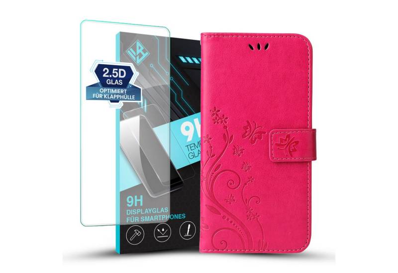 Tec-Expert Handyhülle PU-Leder Flip-Hülle Floral für Apple iPhone 16 Serie - Farbe: Pink - von Tec-Expert