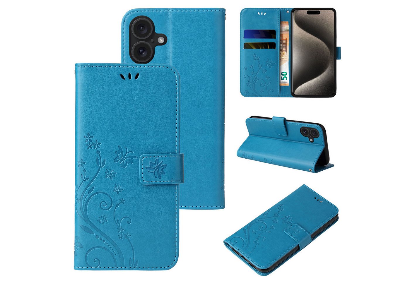 Tec-Expert Handyhülle PU-Leder Flip-Hülle Floral für Apple iPhone 16 Serie - Farbe: Blau - Tec-Expert Handyhülle PU-Leder Flip-Hülle Floral für Apple iPhone 16 Serie - Farbe: Blau - von Tec-Expert