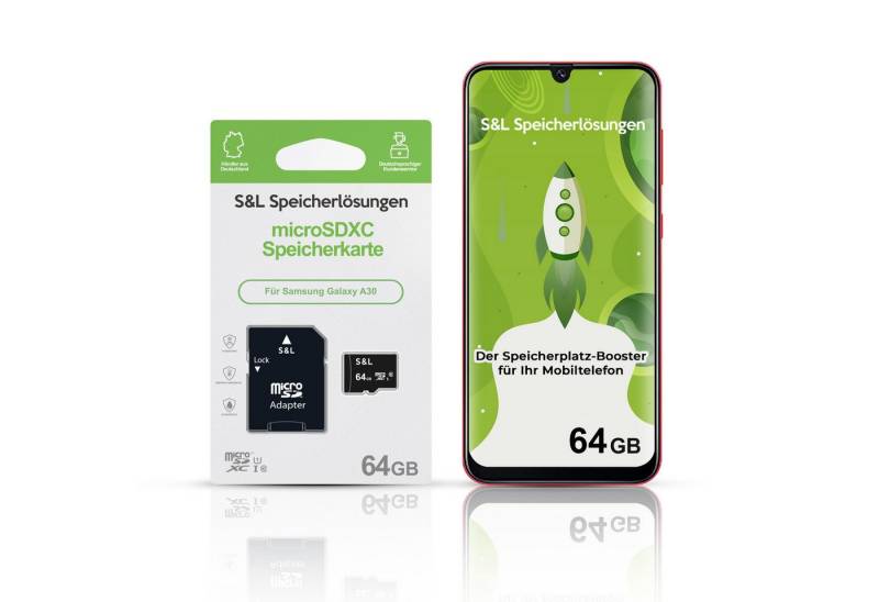 Tec-Expert microSD Karte S&L für Samsung Galaxy A30 Speicherkarte (64 GB, Class 10, 170 MB/s Lesegeschwindigkeit, microSDXC UHS-I) von Tec-Expert