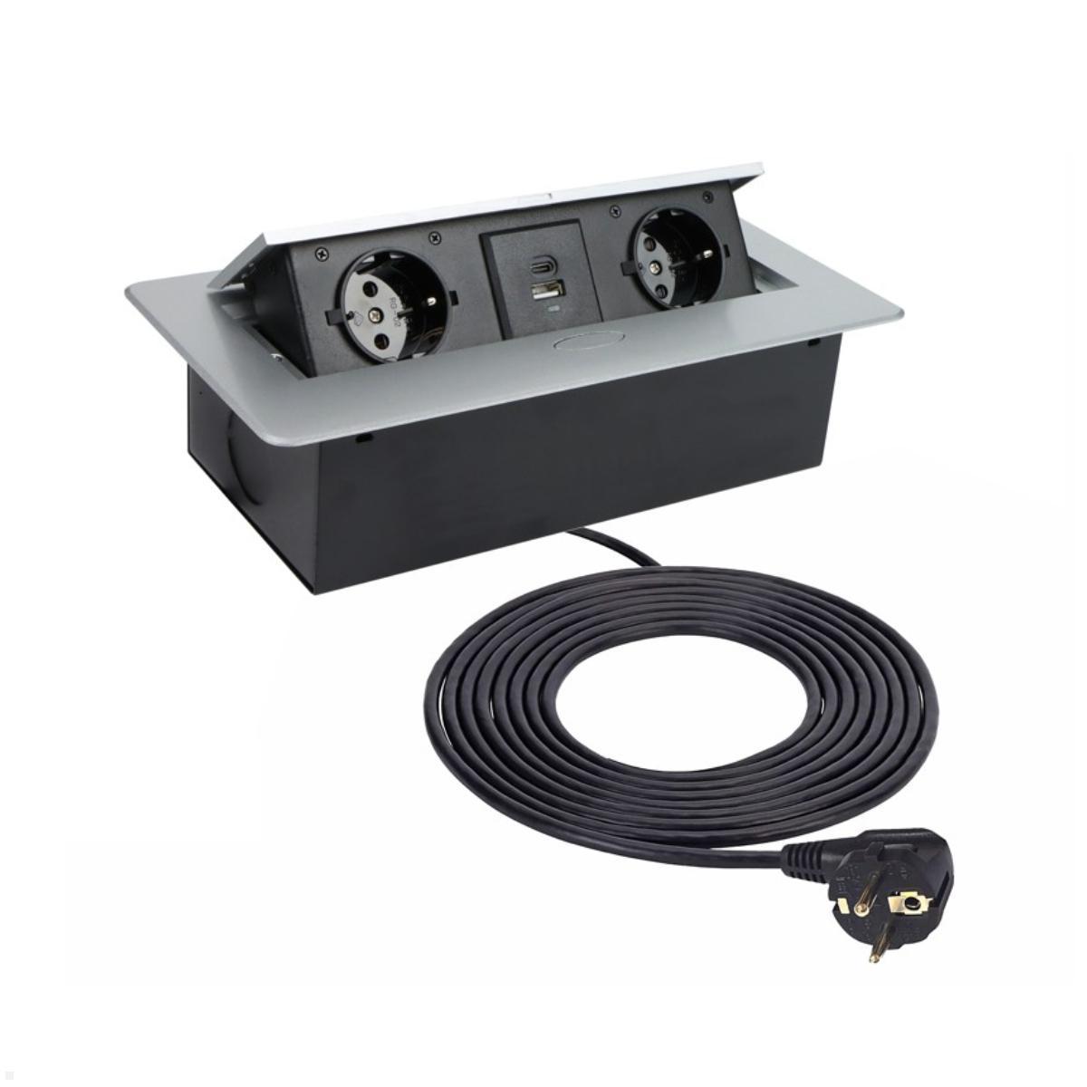 TecLines TES009S 2-fach Einbausteckdose mit USB A/C Charger, 3m Kabel, silber TecLines TES009S 2-fach Einbausteckdose mit USB A/C Charger, 3m Kabel, silber von TecLines
