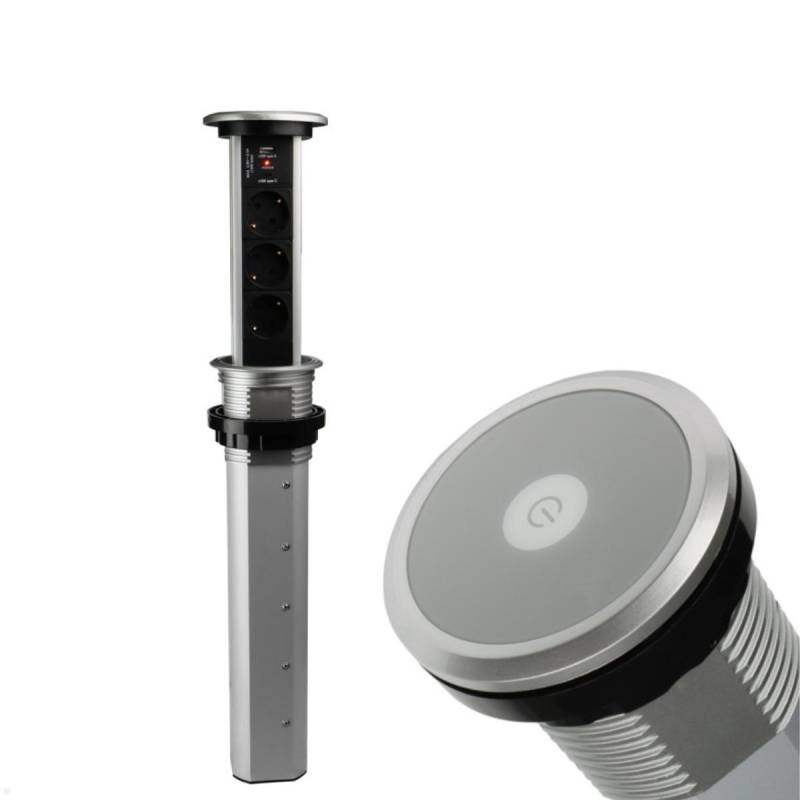 TecLines TVS006S versenkbare 3-fach Steckdosenleiste mit USB A/C, Qi, silber von TecLines