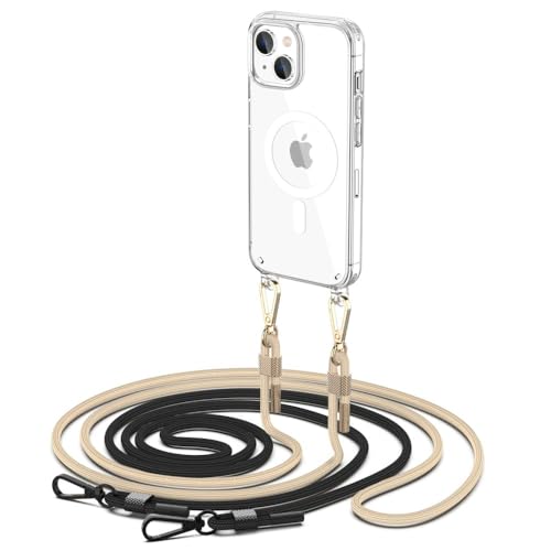 Tech Protect Flexair Chain Mag Case - Hülle mit Band, Magnetische Handyhülle für zum Umhängen, Silikon Case mit Schnur | Kompatibel mit Apple iPhone 15 | Schwarz/Beige von Tech Protect