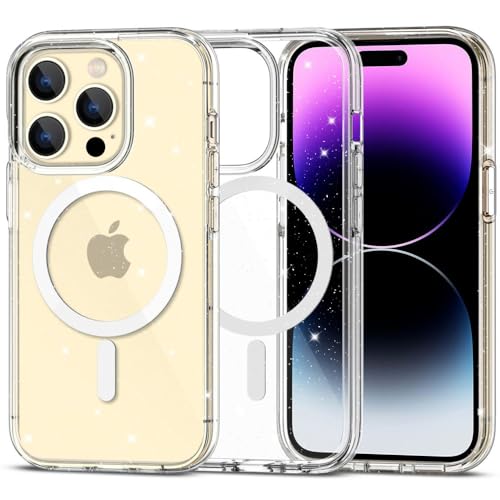 Tech Protect Flexair Hybrid Mag Case - Transparent Magnetische Hülle, Magnetischem Kabellosem Laden, Handyhülle, PC Back TPU Rahmen | Kompatibel mit iPhone 15 Pro | Glitter von Tech Protect