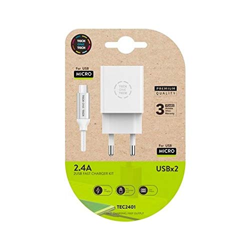 Ladegerät Tech One Tech 2.4 Doppel-USB + Kabel Nylon Micro-USB Android Länge 1 m weiß von Tech on tech