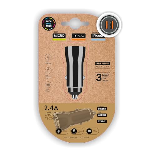 Ladegerät Tech One Tech 2.4 Zigarettenanzünder für iPhone/USB Micro/Typ-C Farbe Schwarz von Tech on tech