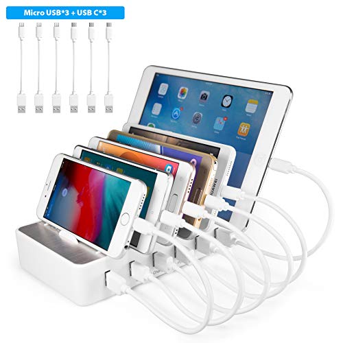 Handy USB Ladestation TechDot Ladestation Mehrere Geräte 6 Port USB Multi Ladestation für Handys Smartphones Tablets (mit 3 Micro USB Kabel und 3 USB C Kabel, Weiß) von TechDot