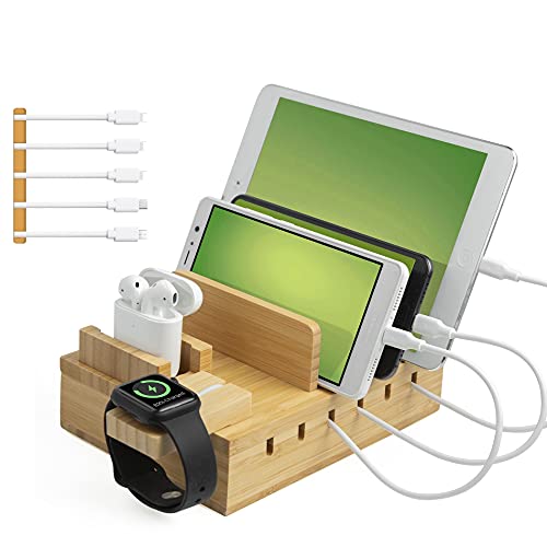 TechDot Handy USB Ladestation Bambus Ladestation Mehrere Geräte 5 Port USB Multi Ladestation Bamboo für Handys Smartphones Tablets Holz Ladestation von TechDot