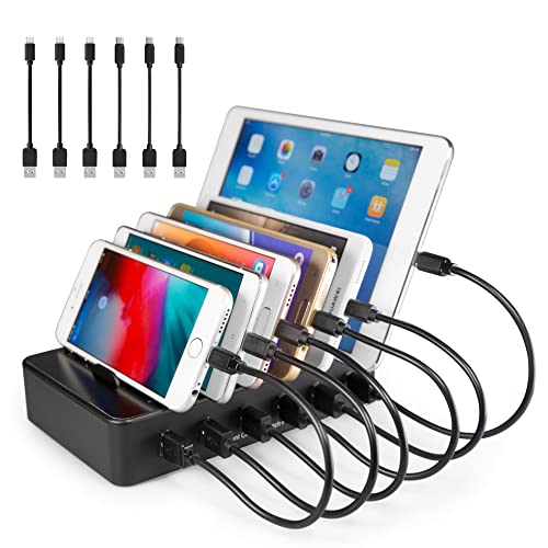 TechDot Handy USB Ladestation Ladestation Mehrere Geräte 6 Port USB Multi Ladestation für Handys Smartphones Tablets (mit 3 Micro USB Kabel und 3 USB C Kabel, Schwarz) von TechDot