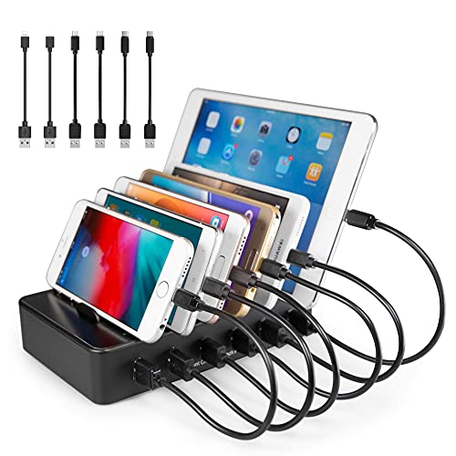 TechDot Handy USB Ladestation Ladestation Mehrere Geräte 6 Port USB Multi Ladestation für Handys Smartphones Tablets (mit 6 Kurze Kabel, Schwarz) von TechDot