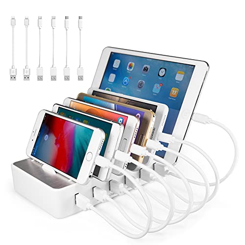 TechDot Handy USB Ladestation Ladestation Mehrere Geräte 6 Port USB Multi Ladestation für Handys Smartphones Tablets (mit 6 Kurze Kabel, Weiß) von TechDot