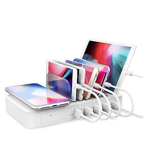 TechDot Ladestation Mehrere Geräte mit Induktives Kabellos Ladegerät Wireless Charger 5 Port Charging Station Multi USB Ladestation Handy Tablet von TechDot