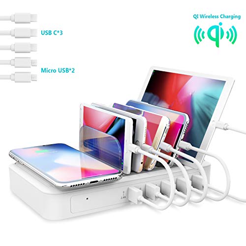 TechDot Ladestation Mehrere Geräte mit Induktives Kabellos Ladegerät Wireless Charger 5 Port Charging Station Multi USB Ladestation Handy Tablet mit Kabellos Ladegerät (2 Micro-USB, 3 USB C-Kabel) von TechDot