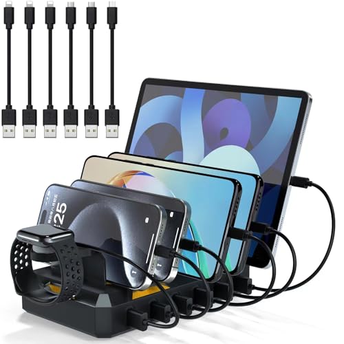 TechDot Ladestation für mehrere Geräte, 50W 6-Port USB Ladestation mit magnetischem Uhrenhalter, mechanische Ladestation, 6-Port Kabel enthalten, Schwarz von TechDot