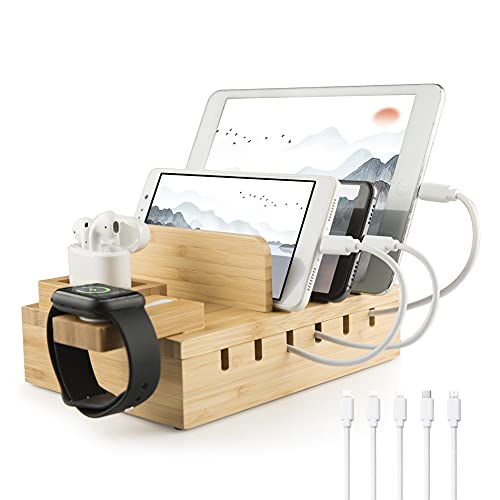 YOJA Ladestation für mehrere Geräte, Bambus, YOJA 5-Port-USB-Multi-Ladestation, Holz für Handy, Tablet, Uhr, Kopfhörer, Uhrenpods, USB-Ladegerät mit 5 kurzen Kabeln, Bambus-Design von TechDot