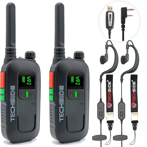 Techside TS-T2 Professionelles Walkie-Talkie mit 16 PMR446-Kanälen (Freie Nutzung) | VOX mit 5 Stufen | Automatische Kanalsuche | Ohrhörer und USB-Ladegerät Voll ausgestattet | Set mit 2 Stück von TechSide