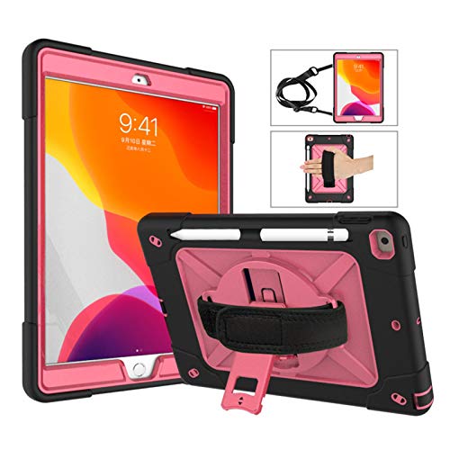 Case for iPad 10.2" 8th Gen (2020)/7th Gen (2019) with Pencil Holder & Rotatable Stand, Techcircle Heavy Duty Armor Rugged Defender Shockproof Protective Case w/Hand Belt & Shoulder Strap, Black Rose von Techcircle