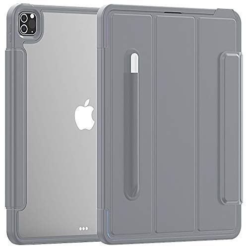 Techcircle Schutzhülle für Apple iPad Pro (32.8 cm (12.9 Zoll), Modell 2020, 4. Generation), dreifach faltbar, transparente Rückseite, Hartschale, magnetisch, automatische Wake/Sleep, Grau von Techcircle