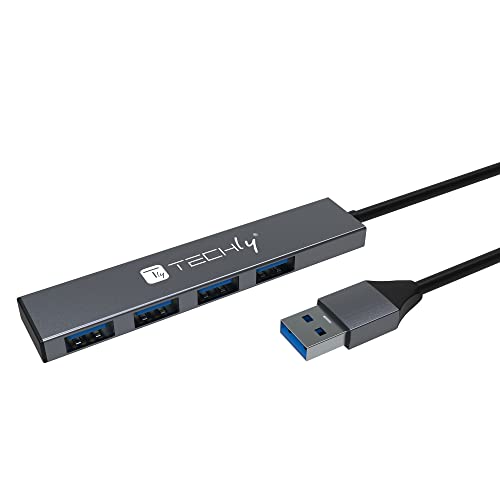 TECHLY 365948 USB-A 3.2 Hub mit 4 Ports USB-A 5 Gbps Slim aus Metall, Grau von Techly