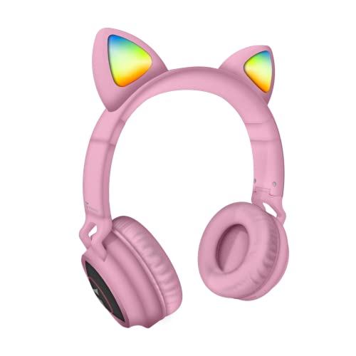 TECHMADE Bluetooth-Kopfhörer mit Katzenohren, Kopfhörer mit Katzenohr, LED-Kopfhörer mit Mikrofon für iOS/Android/PC/Laptop/Tablet(ROSA) von Techmade