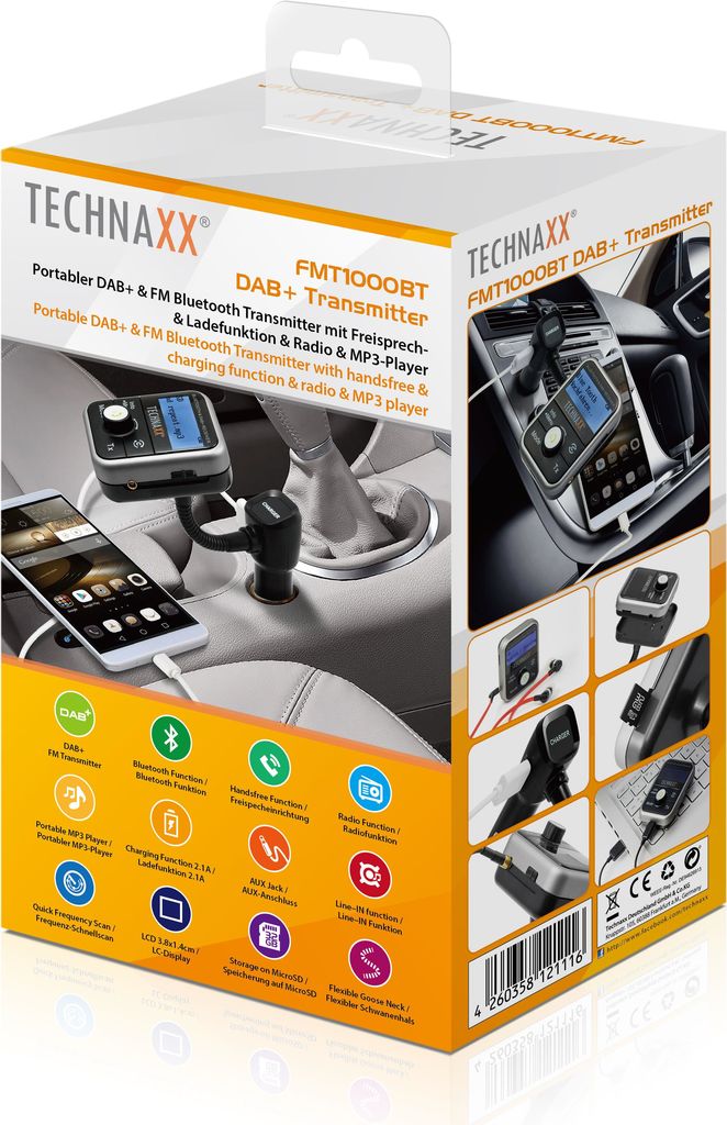 Technaxx FMT1000BT - 87,6 - 107,9 MHz - LCD - Bluetooth - 3,5 mm - MicroSD (TransFlash) - Zigarettenanzünder (4650) von Technaxx