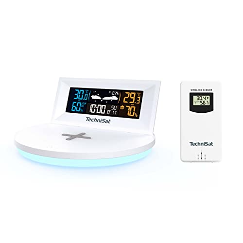 TechniSat IMETEO Q1- Wetterstation mit Außensensor (Messung von Temperatur, Luftfeuchtigkeit, Druck, Wireless Charging, LED Stimmungslicht, Alarm und Snooze-Funktion, USB oder Batteriebetrieb) weiß von TechniSat