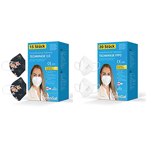 TechniSat TECHNIMASK 2.0 - FFP2 Maske, Muster Blumen - 15 Stück & TECHNIMASK FFP2 Maske – 20 Stück CE-zertifizierte Atemschutzmaske (dermatologisch getestet, 5-lagig mit 3x Meltblown-Vlies) Weiß von TechniSat