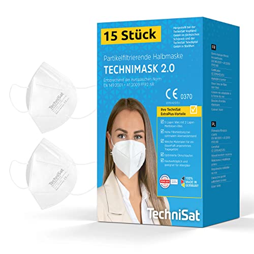 TechniSat TECHNIMASK 2.0 - FFP2 Maske (5-lagige Gesichtsmaske mit hochwertigem Vlies, Mund- und Nasen-Bedeckung, dermatologisch getestet, Made in Germany) Farbe weiß - 15 Stück… von TechniSat