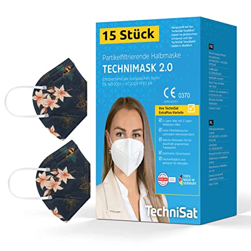 TechniSat TECHNIMASK 2.0 - FFP2 Maske (5-lagige Gesichtsmaske mit hochwertigem Vlies, Mund- und Nasen-Bedeckung, dermatologisch getestet, Made in Germany) Muster Blumen - 15 Stück von TechniSat