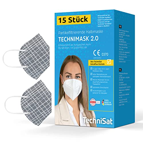 TechniSat TECHNIMASK 2.0 - FFP2 Maske (5-lagige Gesichtsmaske mit hochwertigem Vlies, Mund- und Nasen-Bedeckung, dermatologisch getestet, Made in Germany) Muster Karo - 15 Stück von TechniSat