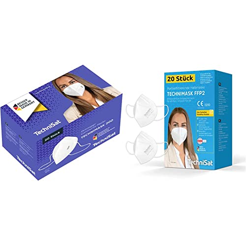 TechniSat TECHNIMASK 200 Community-Maske, 20 Stück & TECHNIMASK FFP2 Maske – 20 Stück CE-zertifizierte Atemschutzmaske (dermatologisch getestet, 5-lagig mit 3x Meltblown-Vlies) Farbe: Weiß von TechniSat